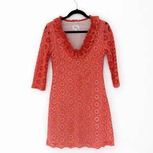 Milly Coral Cotton Eyelet Mini Dress Ruffle  Floral 3/4 Sleeve Sz 10 (Fits 6-8)